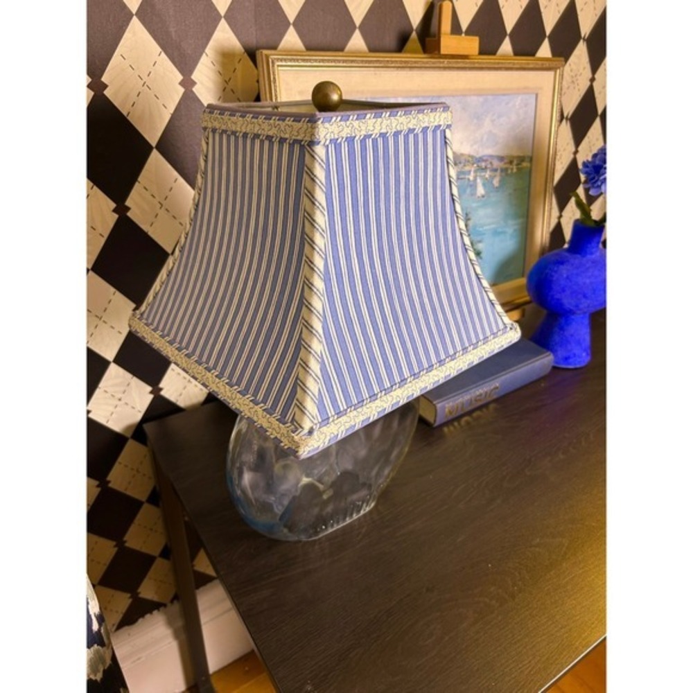 Coastal Aqua Blue Glass Table Lamp Blue White Striped Shade - Picture 7 of 11